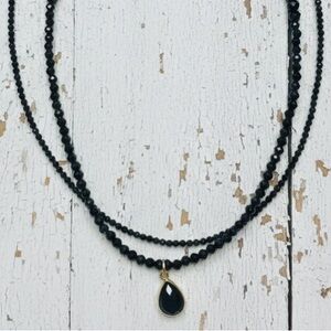 Dainty Black Spinel Choker Necklace w/ 22kt Gold Plated Teardrop Pendant